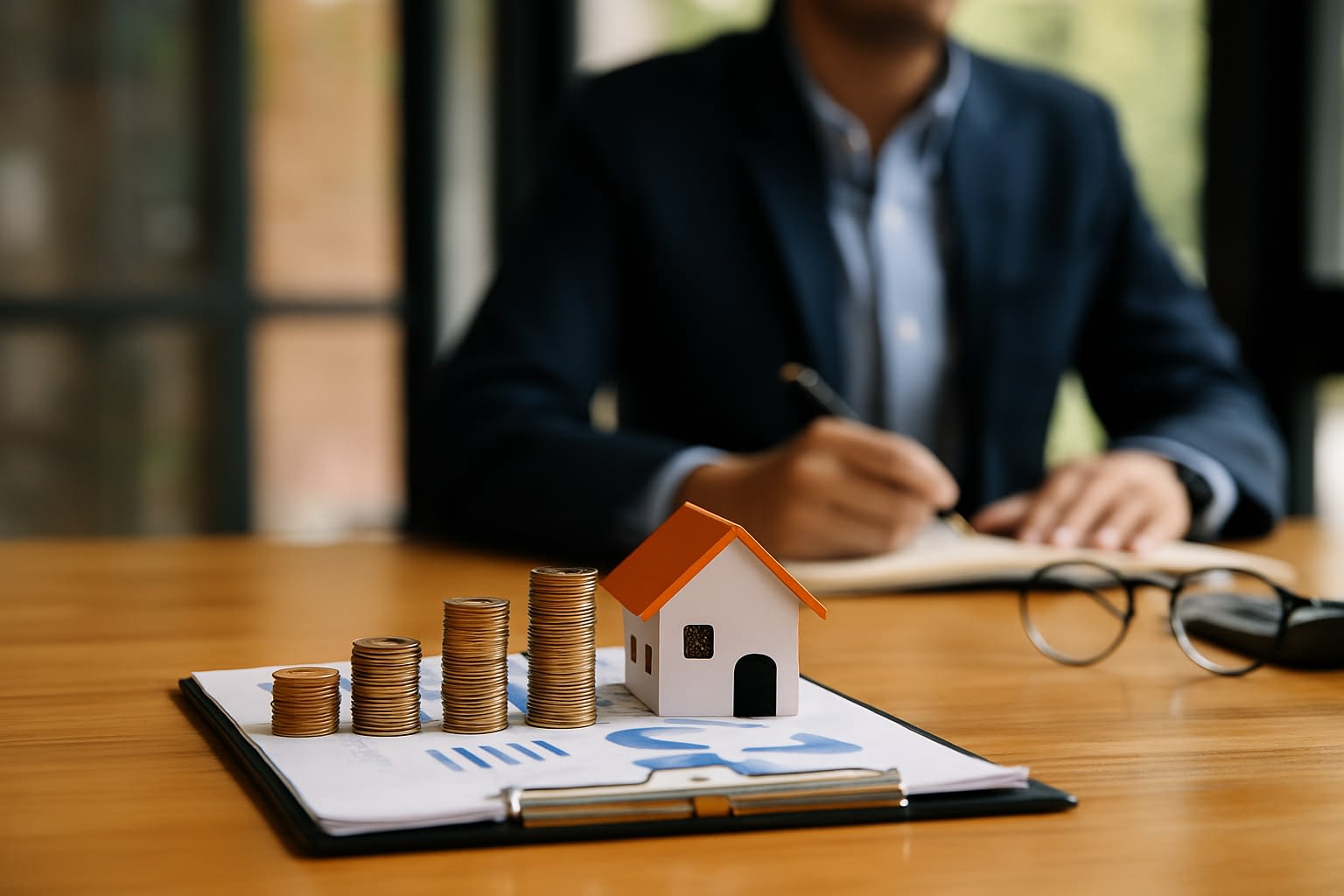 Business Owner Reviewing Insurance and Financial Risk Close-up of a business owner reviewing financial documents at a wooden desk with a laptop and calculator nearby