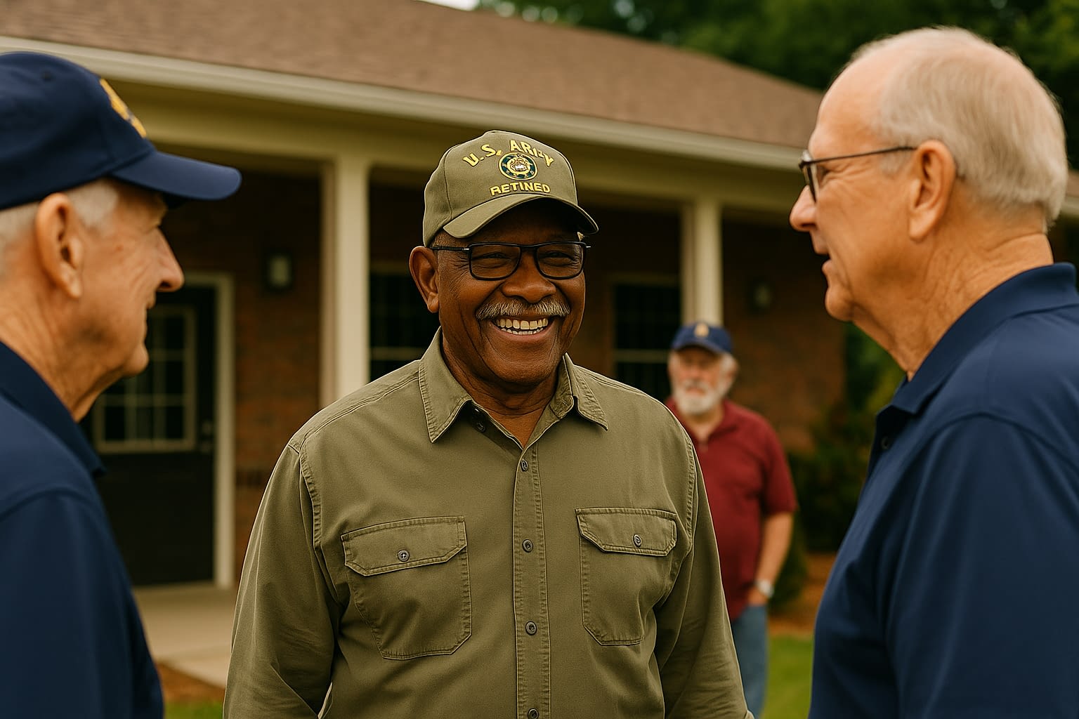 Veterans Supporting Veterans at the Military Retirees Club Three older veterans engaging in a relaxed conversation inside a community space, symbolizing the ongoing support and connection fostered by Richmond’s Military Retiree Club.