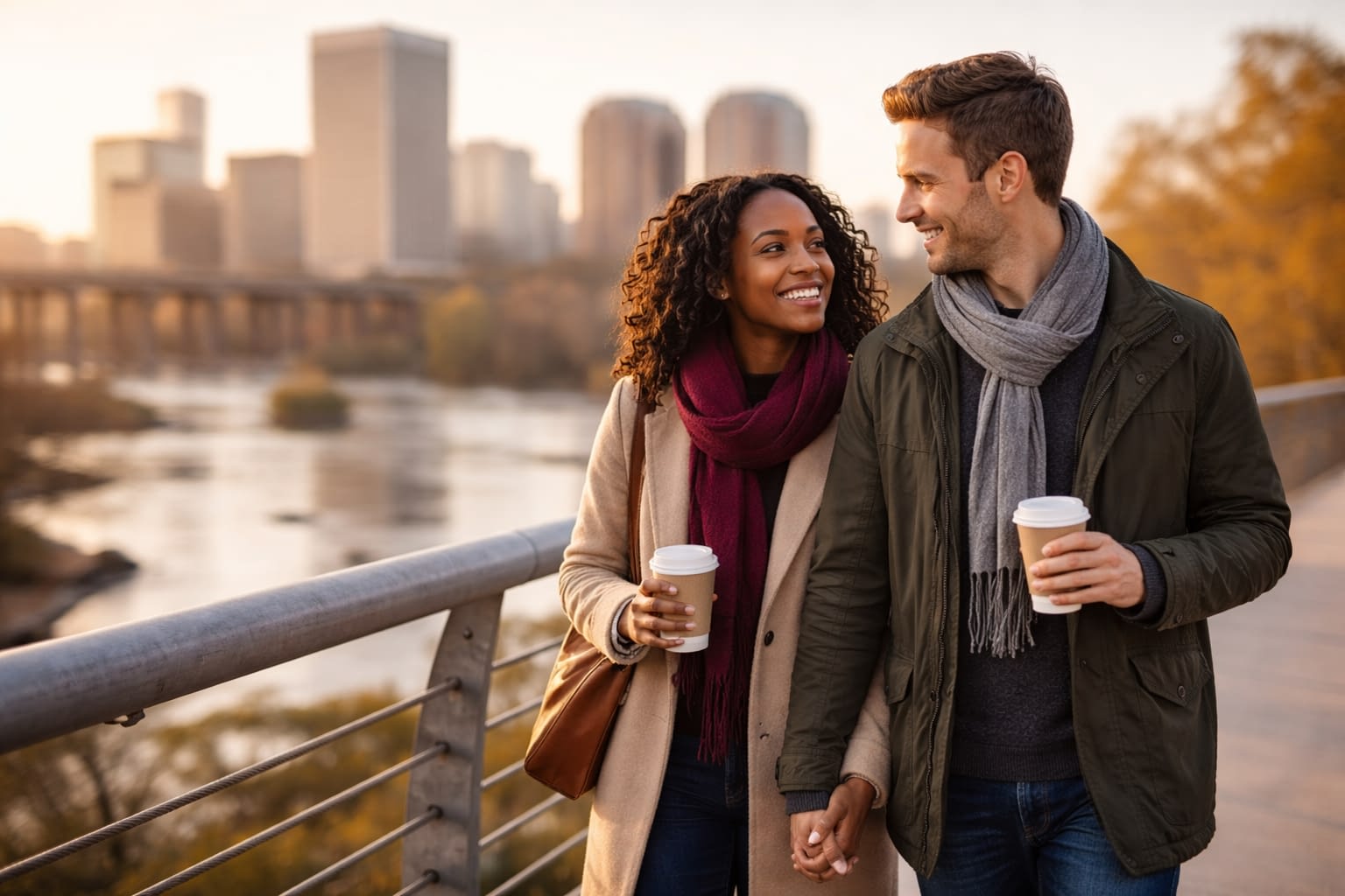 Richmond couple at Sunset on the Riverfront Young interracial couple holding hands on a Richmond riverfront bridge at sunset, coffee in hand, city skyline softly blurred.