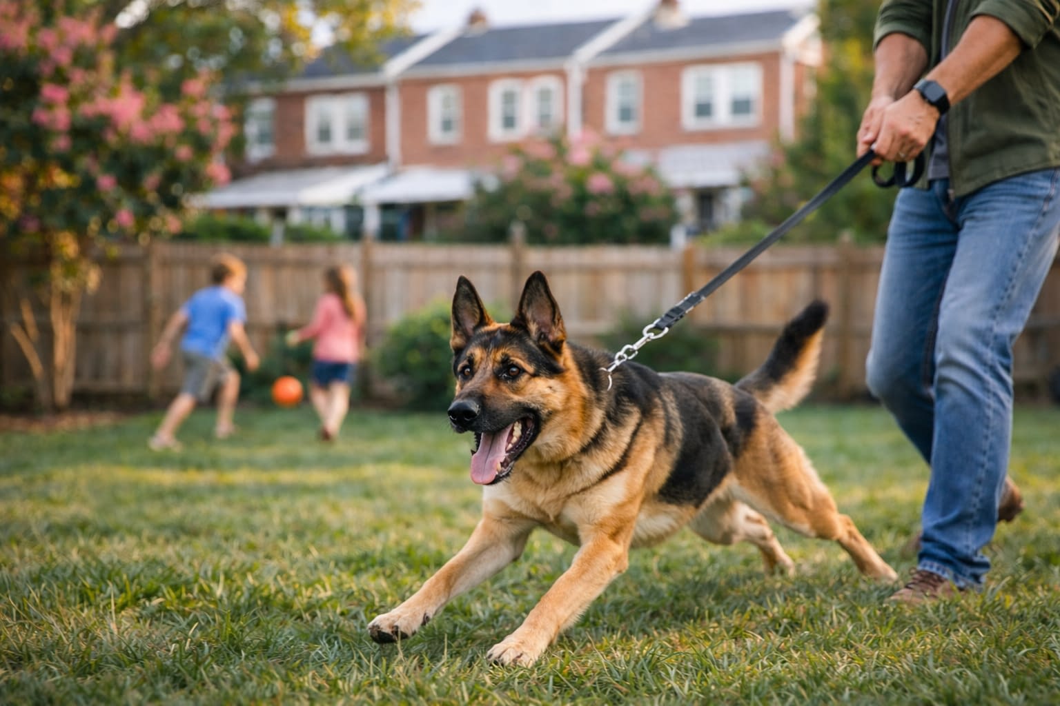 German Shepherd Lunging on Leash in Richmond Backyard German Shepherd lunging on leash in a Richmond backyard as the owner holds firm; kids play blurred in the background.