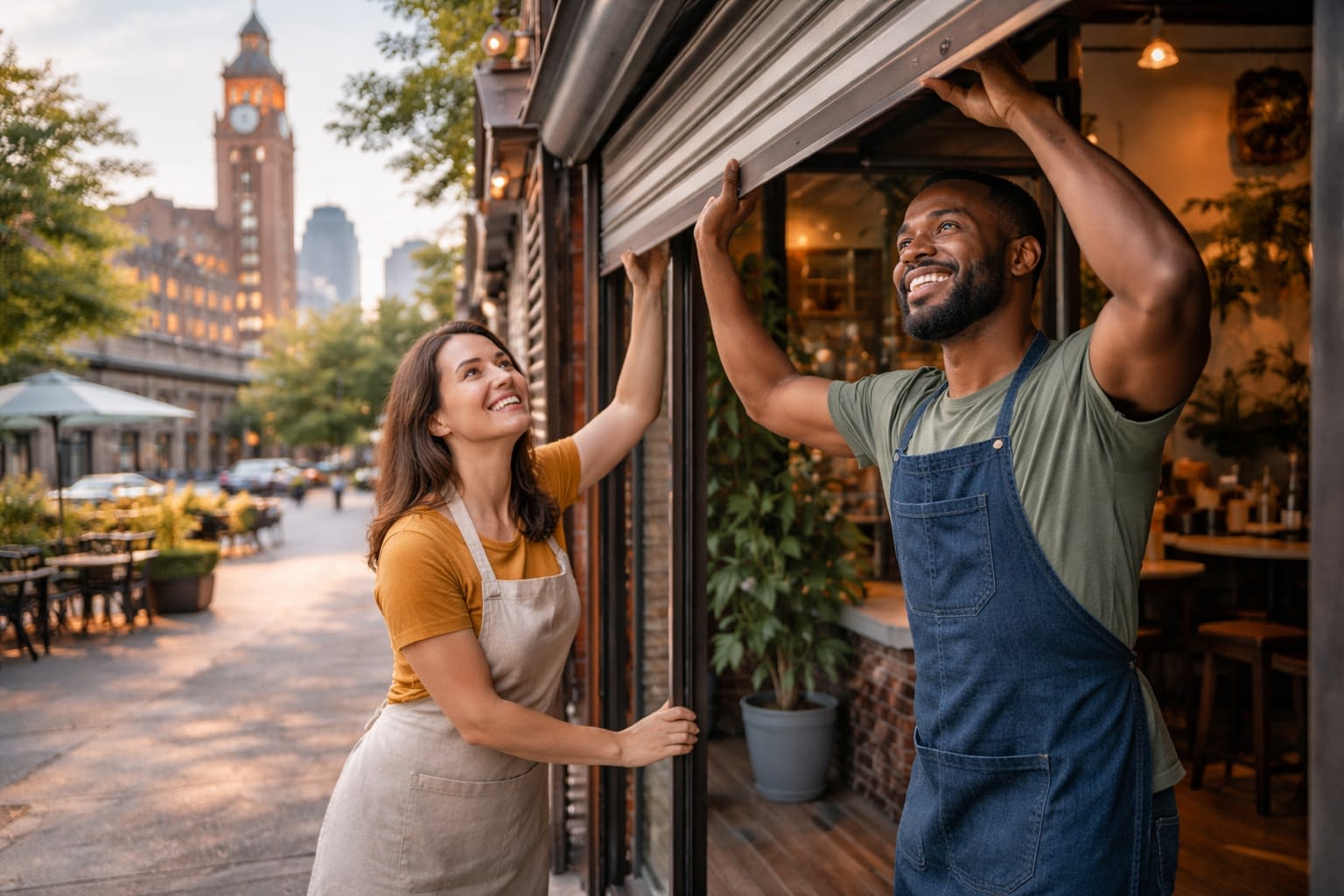 Richmond Shop Owners Opening for the Day Two Richmond small-business owners lift a storefront roll-up door at sunrise, smiling in aprons on a lively city street.