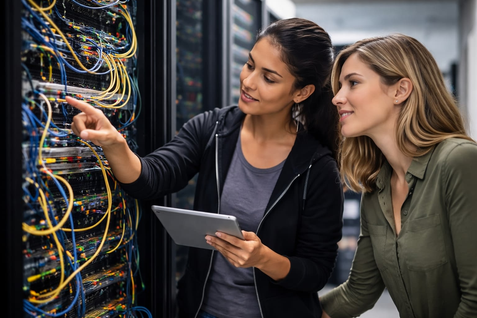 Women technicians Troubleshoot Serves in Richmond Two women IT technicians trace network cables in a server room, checking connections with a tablet, racks softly blurred