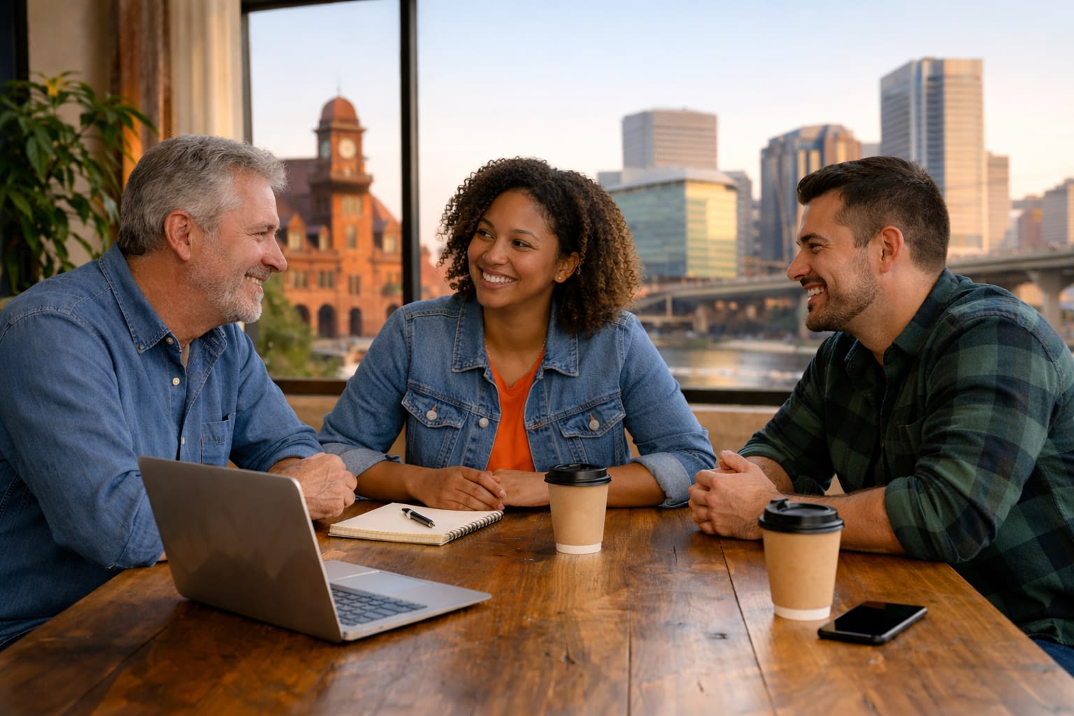 Richmond Entrepreneurs Meeting with City Skyline Three Richmond entrepreneurs meet at a coworking table with skyline views, collaborating over coffee and a laptop.