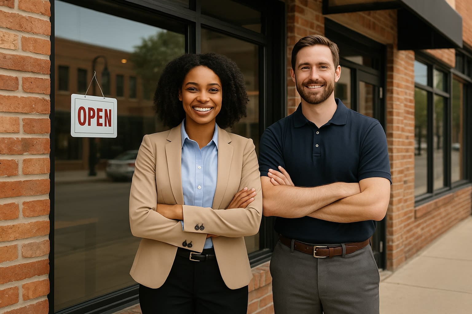 New LLC Owners Ready to Launch Two small business owners smiling in front of their brick storefront with an "OPEN" sign.