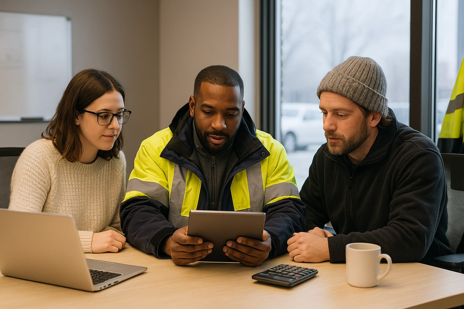 VA Minimum Wage Audit Preparation Meeting A construction worker in a high-visibility jacket reviews documents on a table with two coworkers in a meeting room, illustrating workplace compliance and payroll discussions.