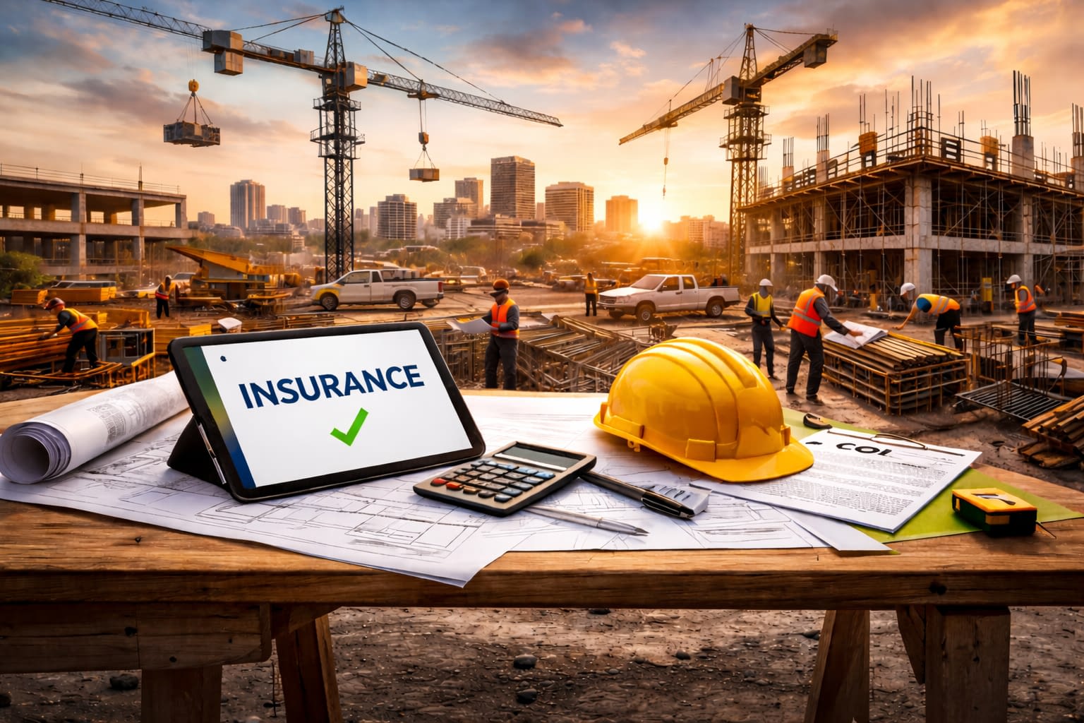 Workers Compensation Insurance for Contractors in Richmond & Chesterfield, VA Construction site in Richmond, VA with cranes, workers in PPE, hard hat, and tablet displaying insurance approval.