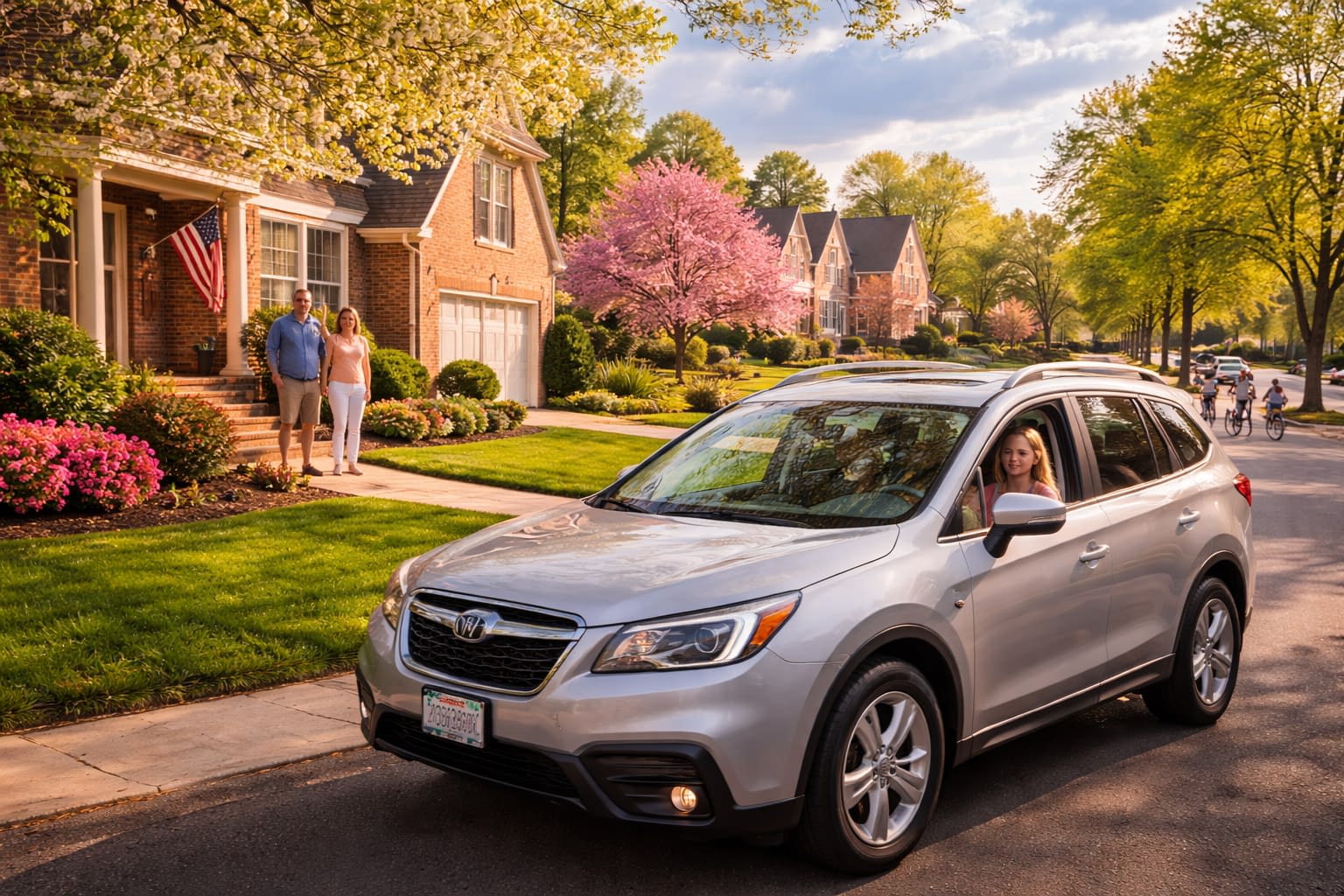 Teen Driver Leaving Home in Richmond VA Neighborhood Teen driver leaving a suburban brick home driveway in a Richmond & Chesterfield Virginia neighborhood on a sunny spring afternoon.