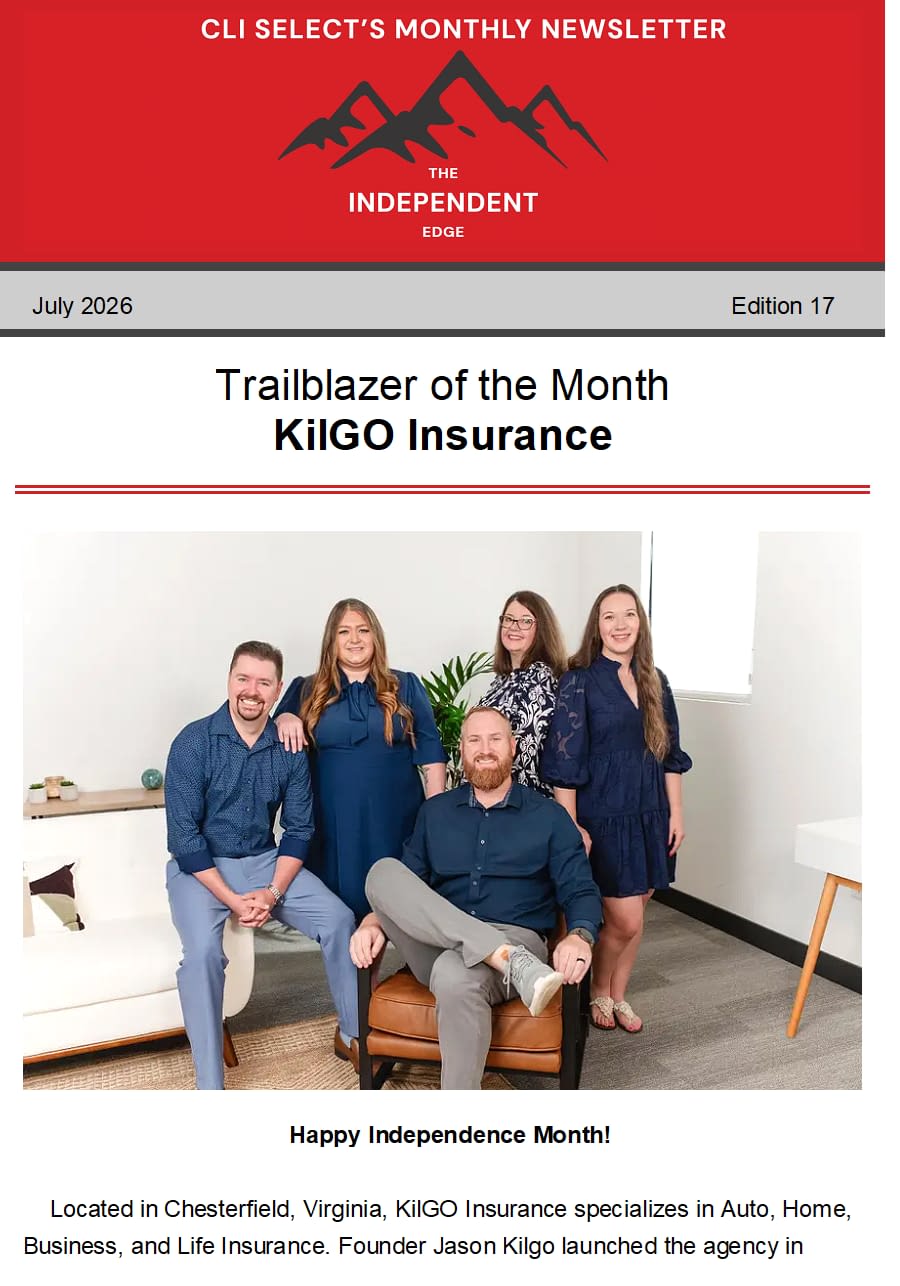 KilGO Insurance Named CLI Select Trailblazer of the Month – July 2026 CLI Select recognizes KilGO Insurance as its July 2026 Trailblazer of the Month, featuring the KilGO Insurance team at its Chesterfield, Virginia office.