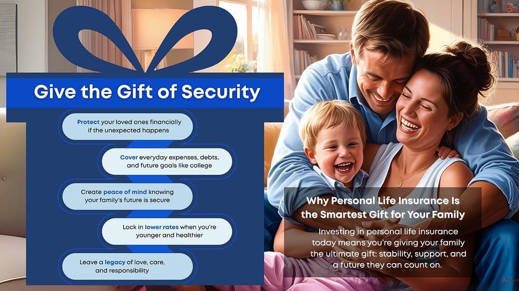 “Give the Gift of Security” above a stylized gift-shape ribbon. Five callouts list benefits of personal life insurance: “Protect your loved ones financially if the unexpected happens,” “Cover everyday expenses, debts, and future goals like college,” “Create peace of mind knowing your family’s future is secure,” “Lock in lower rates when you’re younger and healthier,” and “Leave a legacy of love, care, and responsibility.” To the right is a smiling young family—parents embracing a toddler—with a semi-transparent overlay reading “Why Personal Life Insurance Is the Smartest Gift for Your Family.