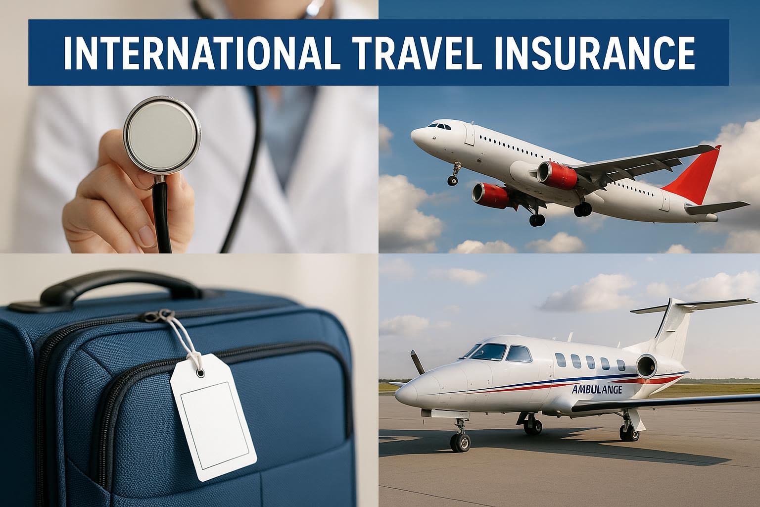 International Travel Insurance Coverage Montage with Medical Assistance, Trip Interruption, Baggage Protection, and Air Ambulance Evacuation