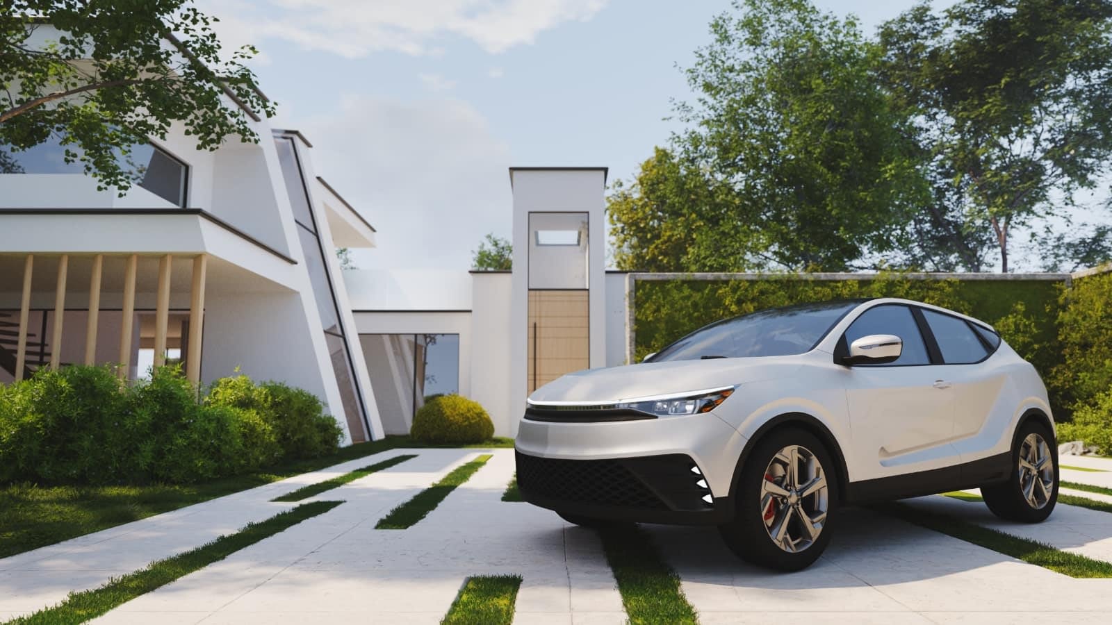 Modern car parked in front of a modern home