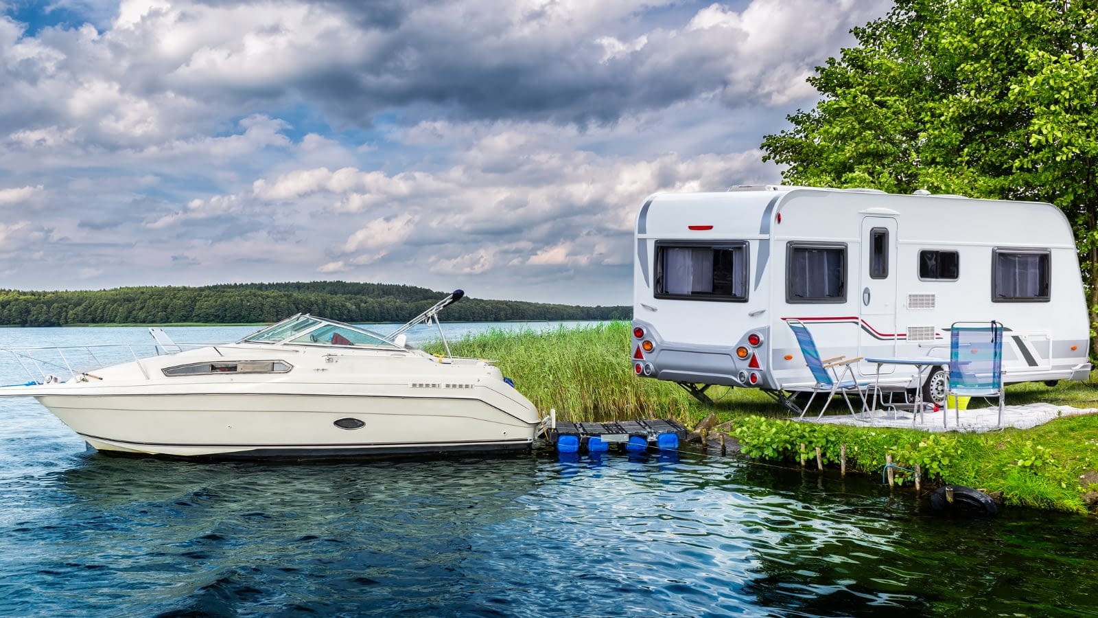 August 16 RV with boat attached parked in front of lake