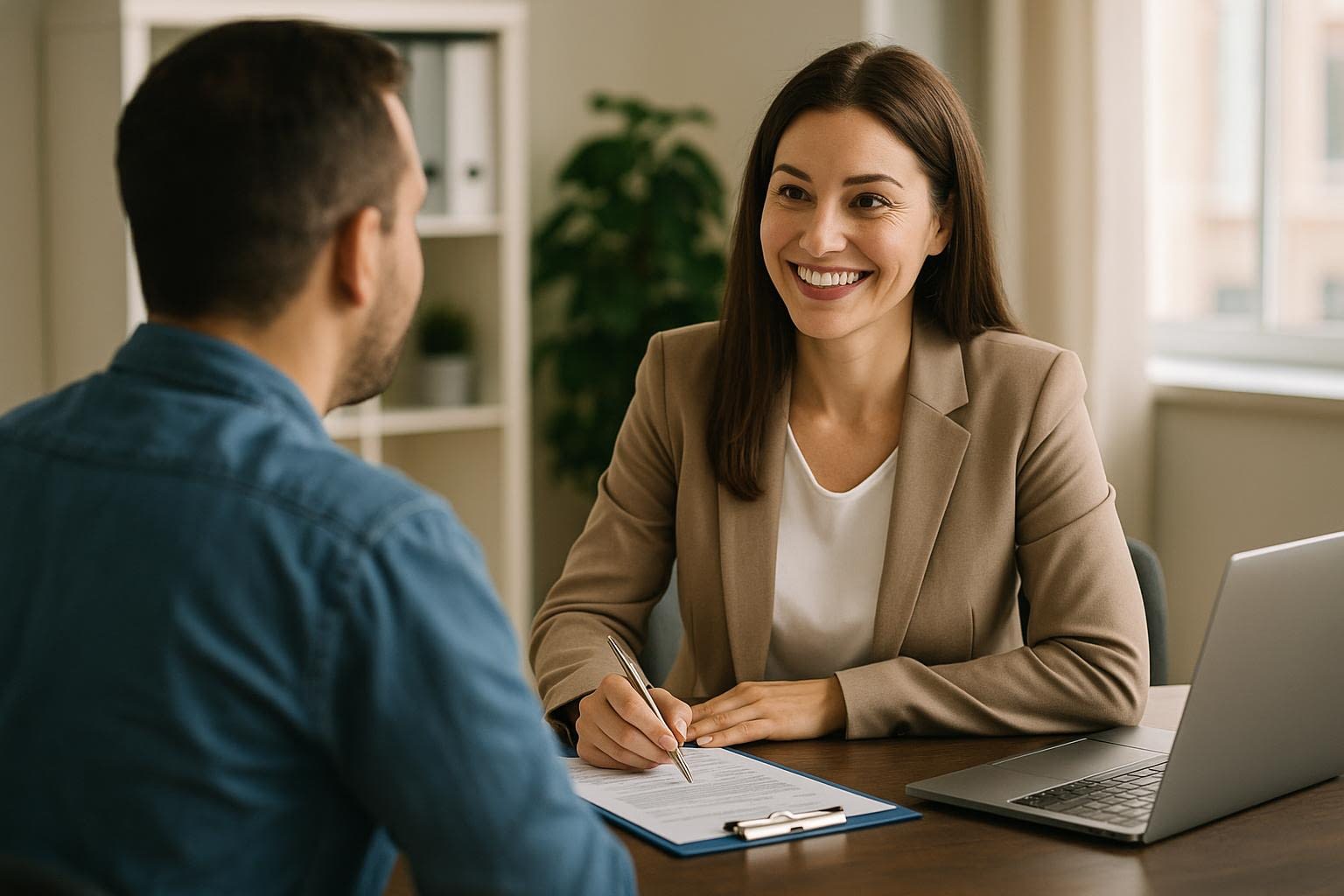 Customer Meeting with Smiling Female Agent to Discuss a New Quote