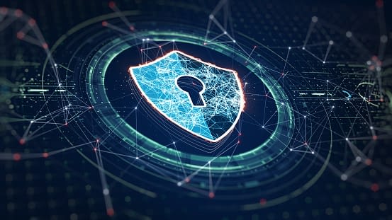 istockphoto-1340045764-170667a Cyber security concept. Shield With Keyhole icon on digital data background. Illustrates cyber data security or information privacy idea. Blue abstract hi speed internet technology. 3D Rendering.