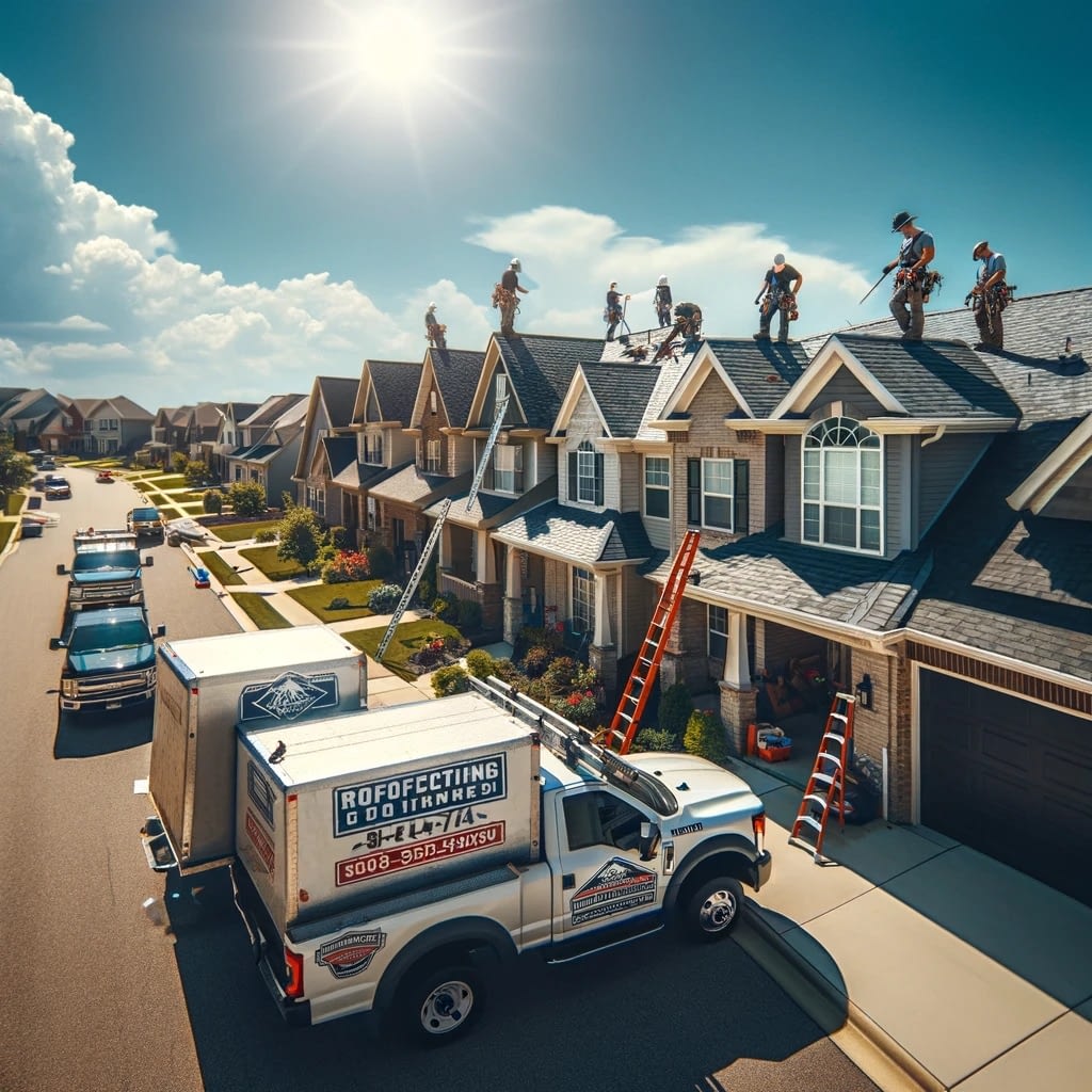A sunny day with a clear blue sky, showcasing a residential neighborhood. Several roofing contractors are visible on the rooftops, wearing safety harnesses and helmets. They are actively working, with hammers and nails in hand. A couple of trucks branded with roofing company logos are parked on the street below, alongside a ladder propped up against one of the homes. The scene embodies professionalism, safety, and the bustling activity of roofing season.