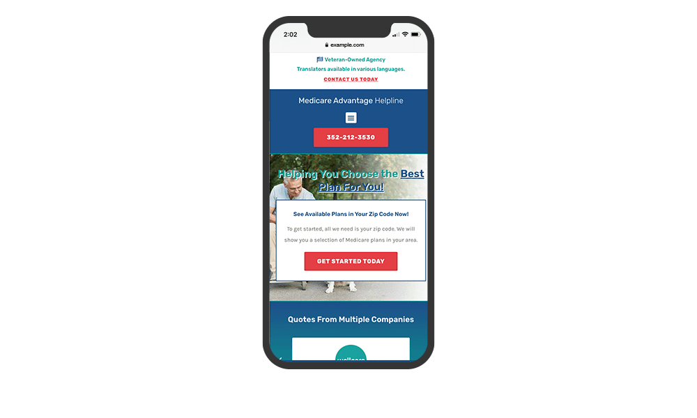 Smartphone View of BrightFire Insurance Agency Website for Medicare Advantage Helpline