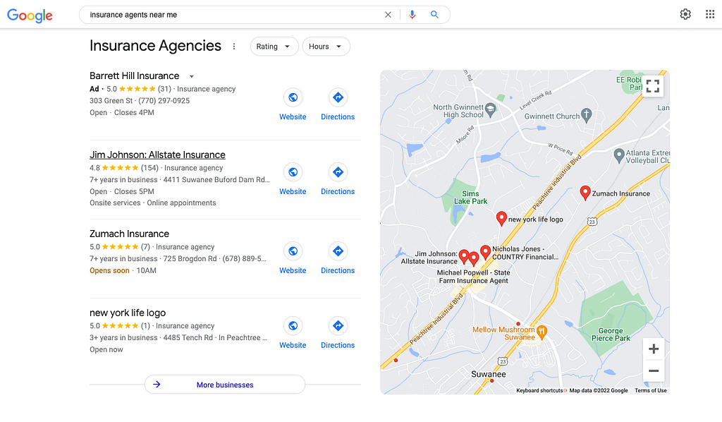 Google local search results with a list of locations on the left and map on the right.