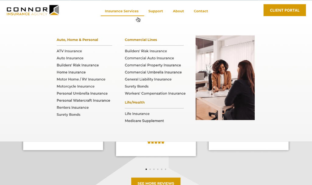 Example of a website's mega menu style navigation with Insurance Services nav item expanded.