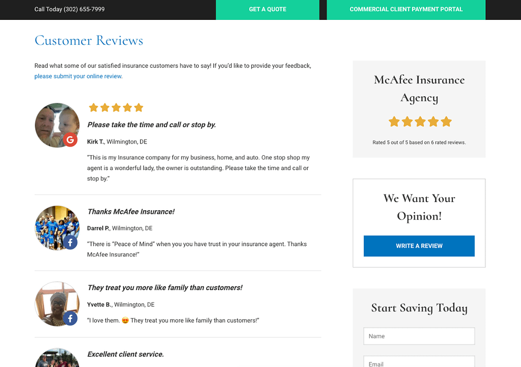 List of multiple customer reviews found on an insurance agency's website.