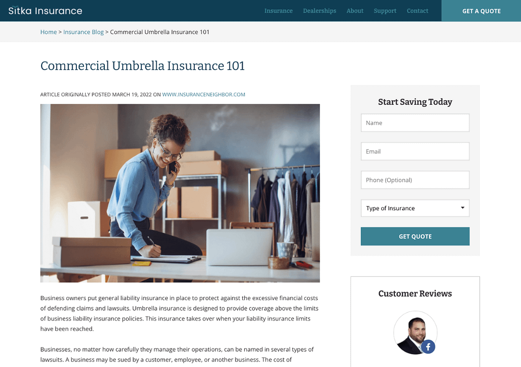 Blog post on a website for Commercial Umbrella Insurance 101.