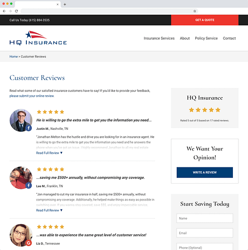 Screenshot of a website built by BrightFire showcasing reviews for an insurance agency.