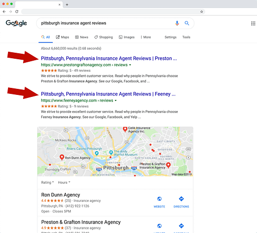 Screenshot of Google search results and how reviews can influence rankings.