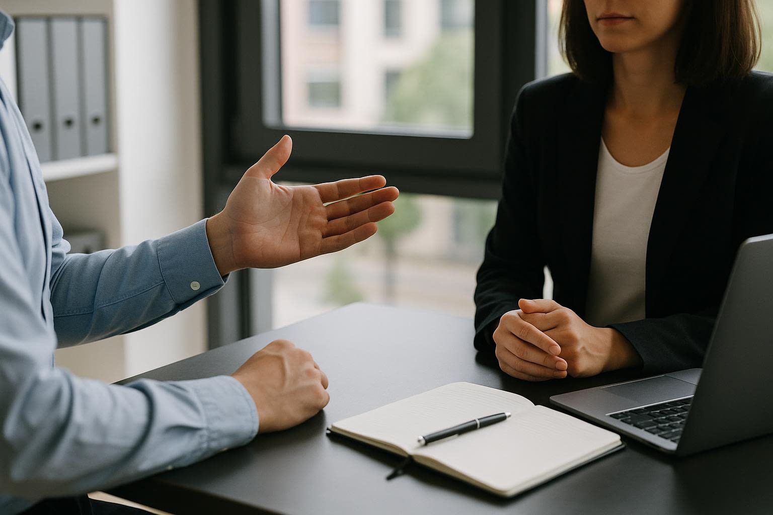 Conversation Between Two People in an Office Setting Without Visible Faces