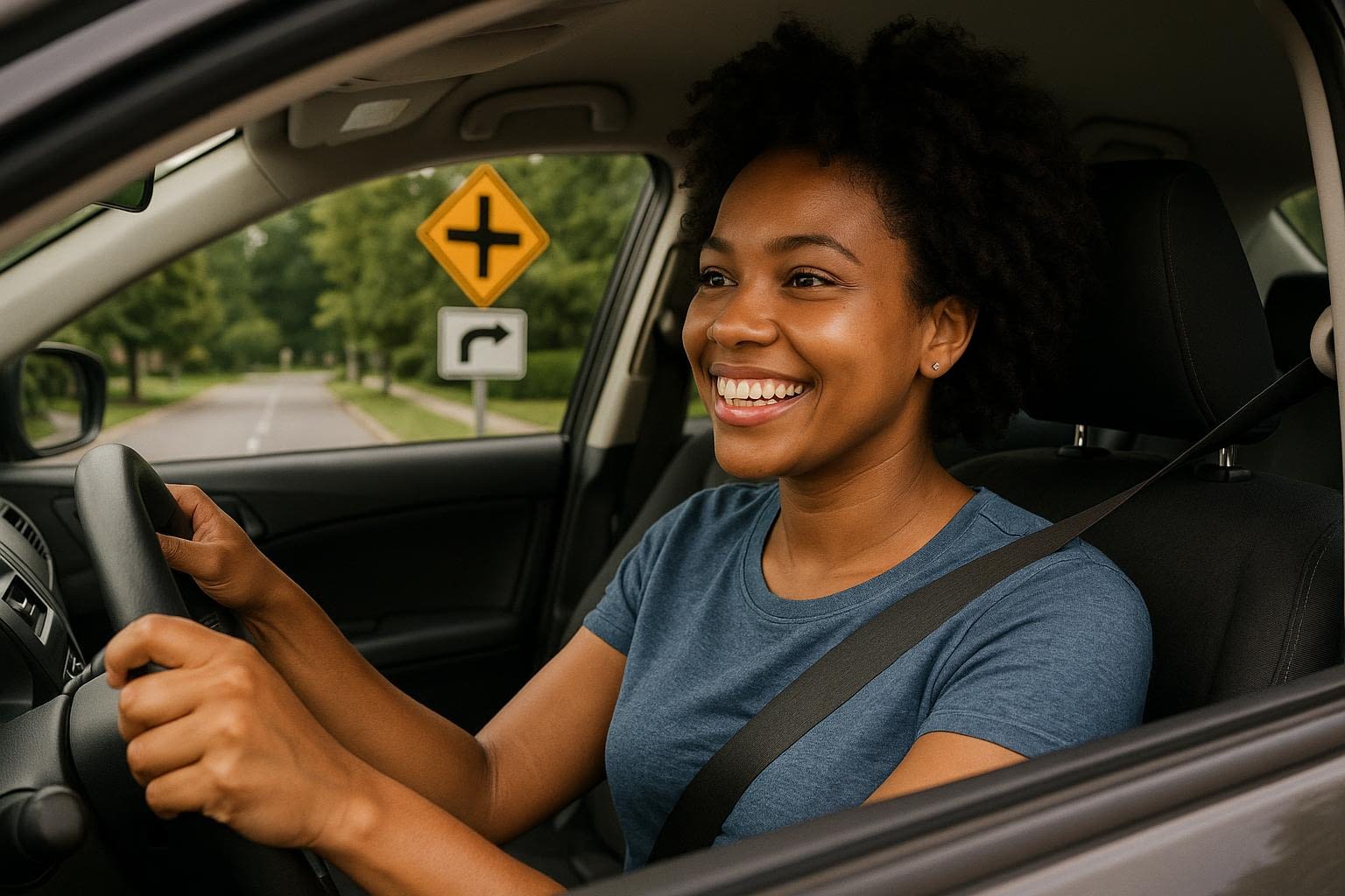 Person Smiling While Driving on a Suburban Road with Visible Road Signs