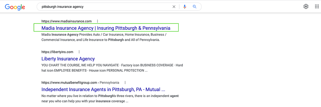 Google search engine results with the page title of an individual result circled.