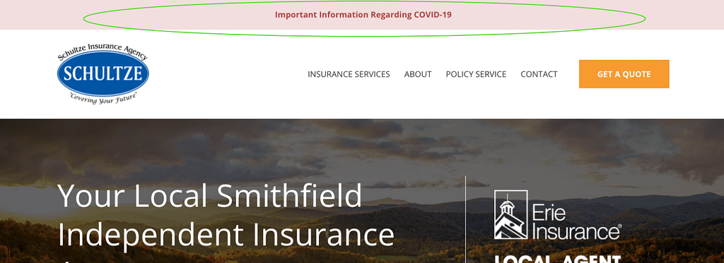 Top of an insurance agent's website with a red notification bar about COVID-19.