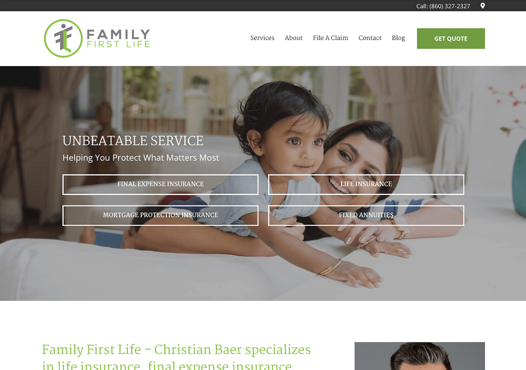 Life insurance website home page with links to purchase various insurance products in the hero.