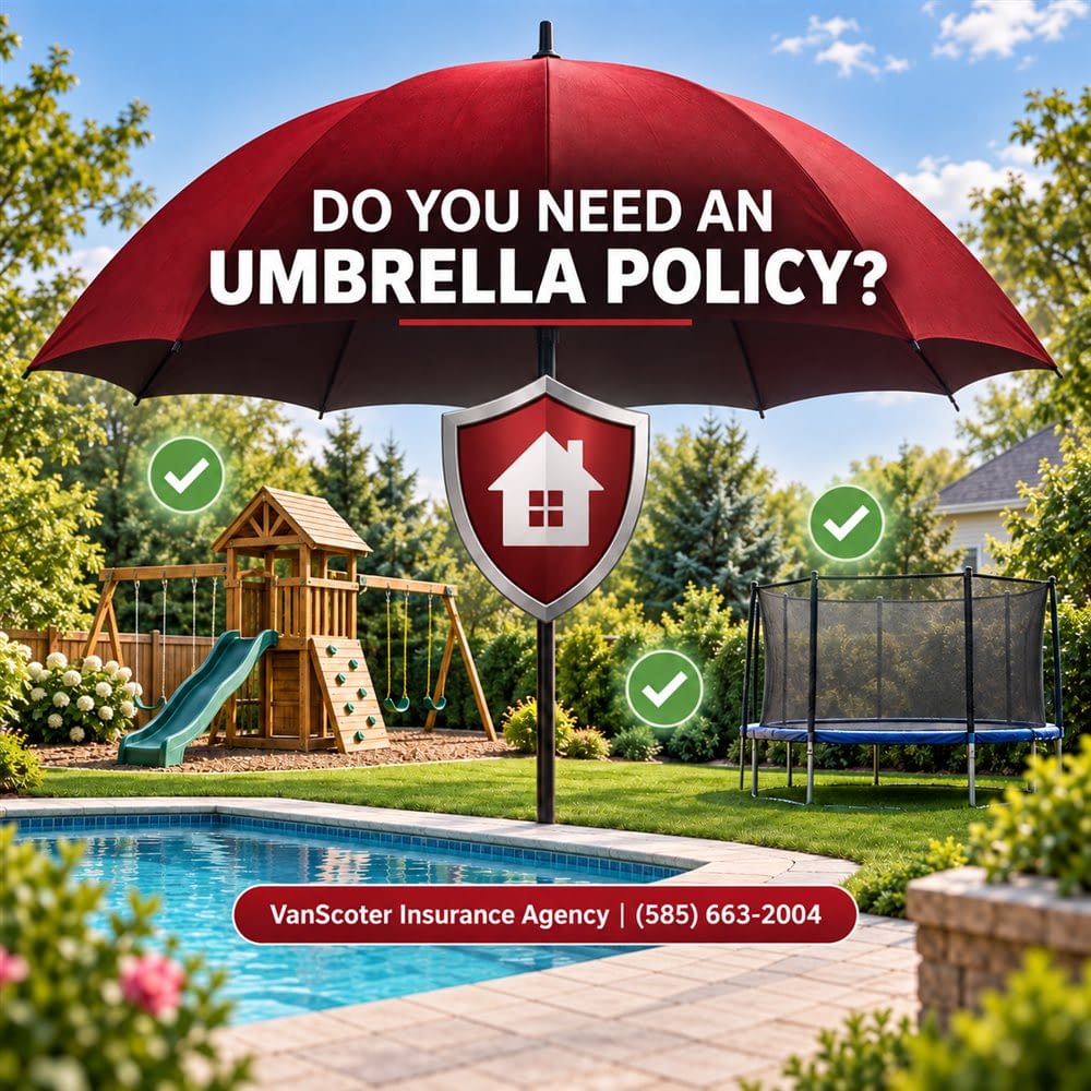 Do You Need an Umbrella Policy? Red umbrella protecting a backyard pool, playset, and trampoline, illustrating extra personal liability coverage.