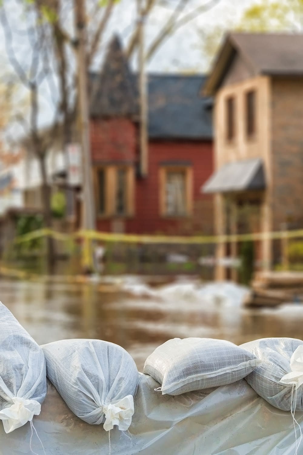 Sandbags lining the street with flooded homes in the background.