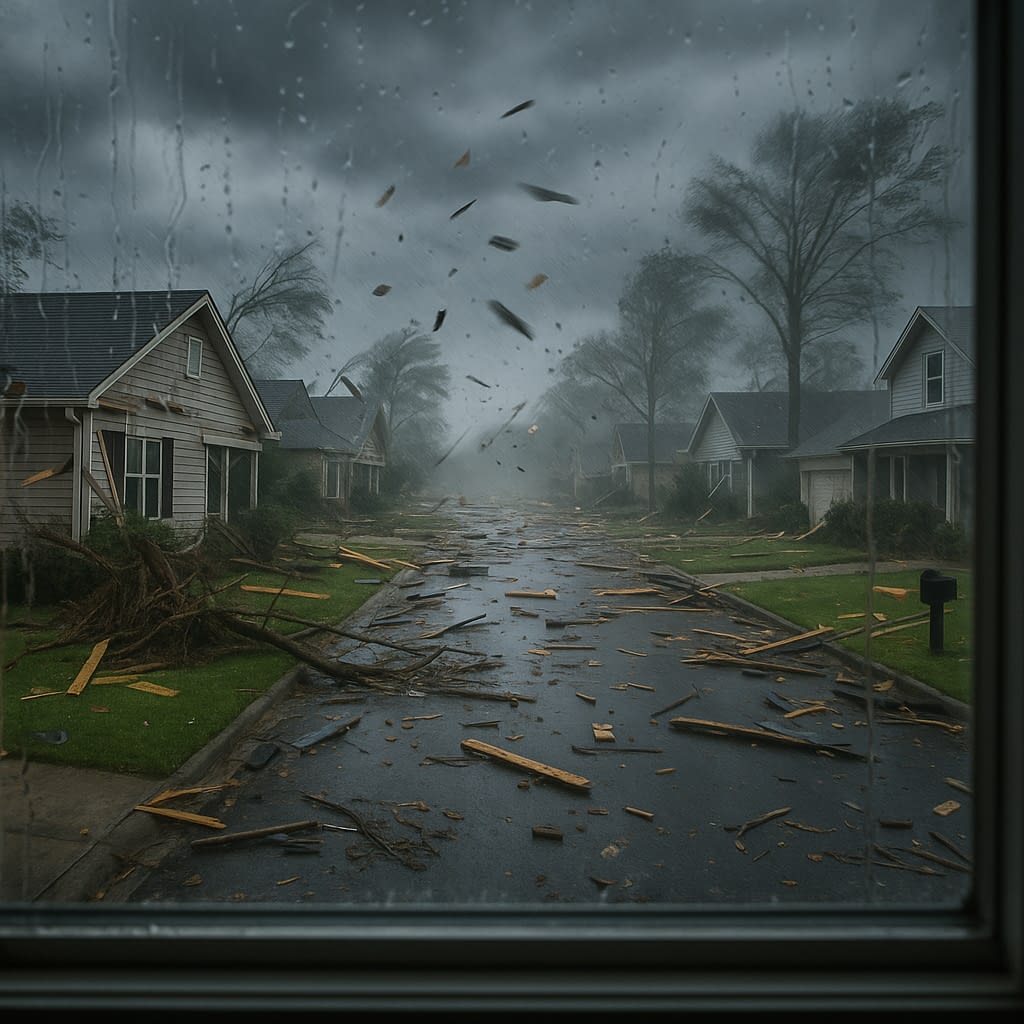 Neighborhood street littered Neighborhood street littered with debris and damaged homes after a hurricane