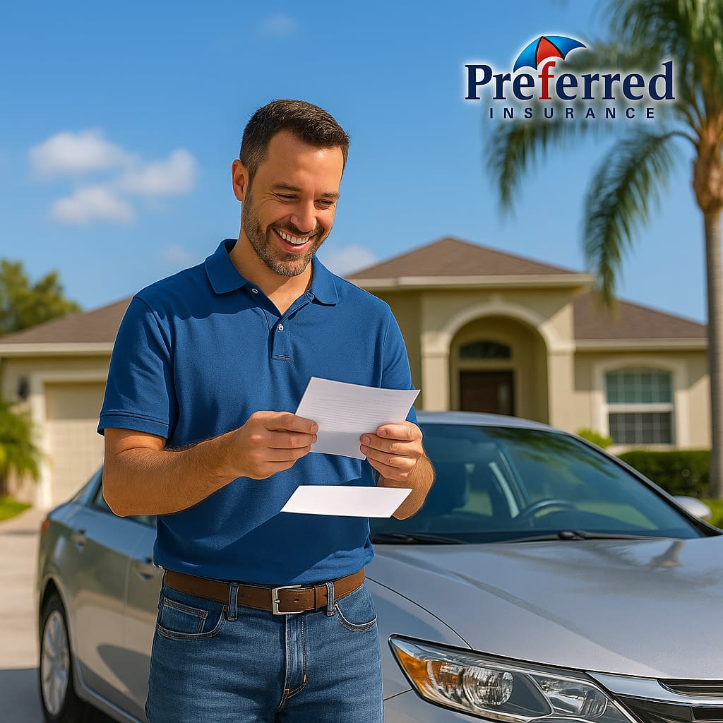 Belleview Auto Insurance lower Belleview FL driver smiling next to his car reading a letter on a sunny day—happy about lower auto insurance rates; Preferred Insurance logo top right.