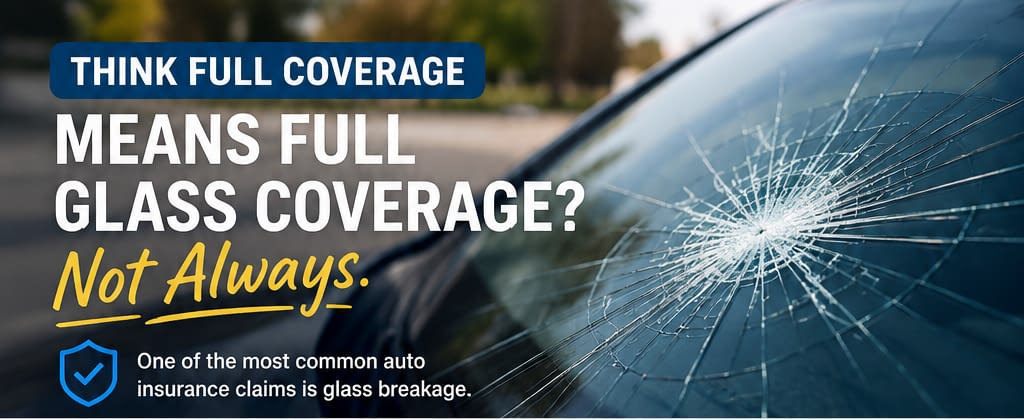 Full Glass Coverage Auto Insurance Tip Cracked windshield with text reading “Think full coverage means full glass coverage? Not always.” for an auto insurance blog about glass coverage.