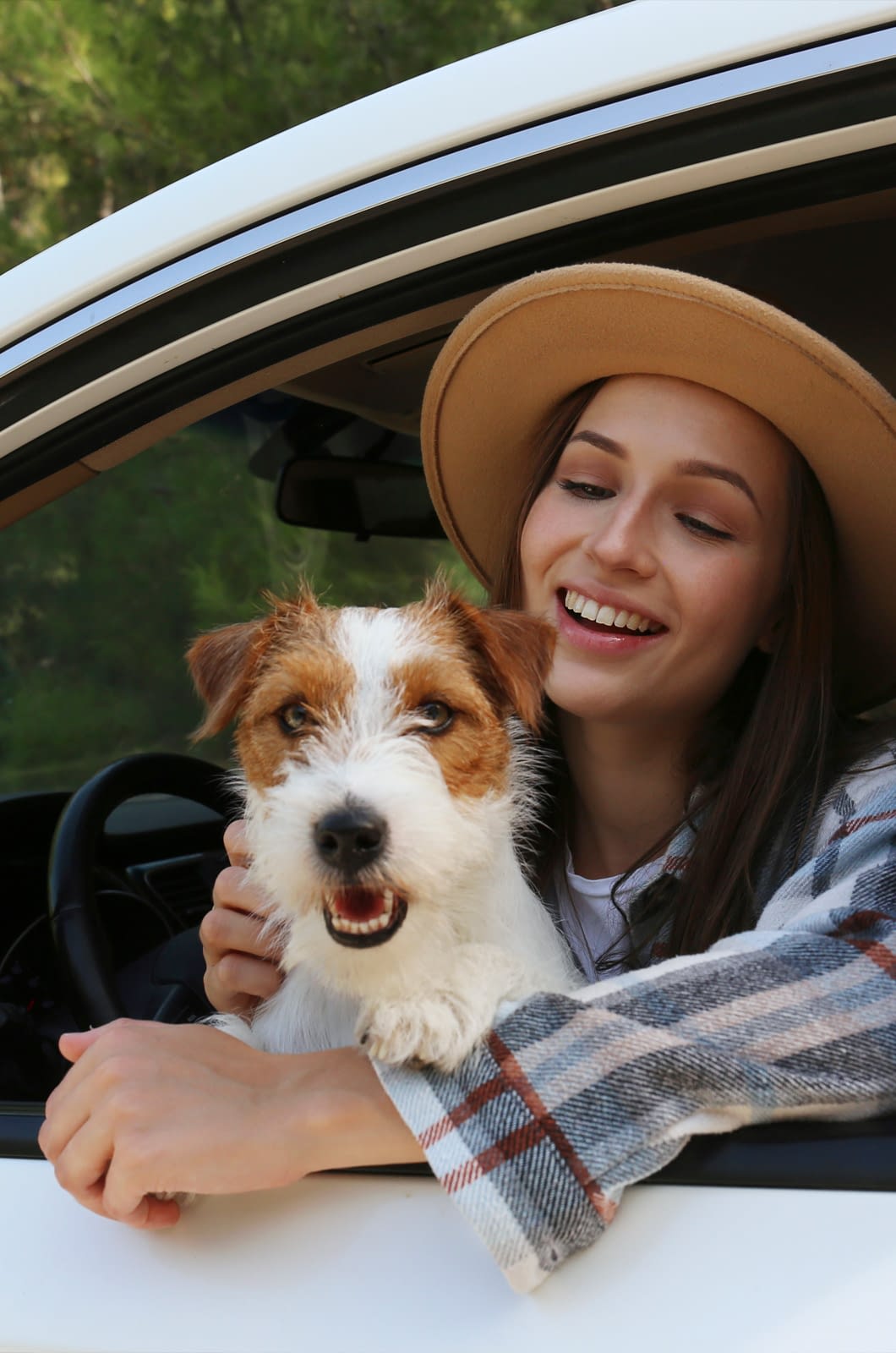 Beautiful young woman in the car with her adorable rough coated pup. Smiling female sitting in the driver seat with her jack russel terrier and looking out the window. Close up, copy space, background