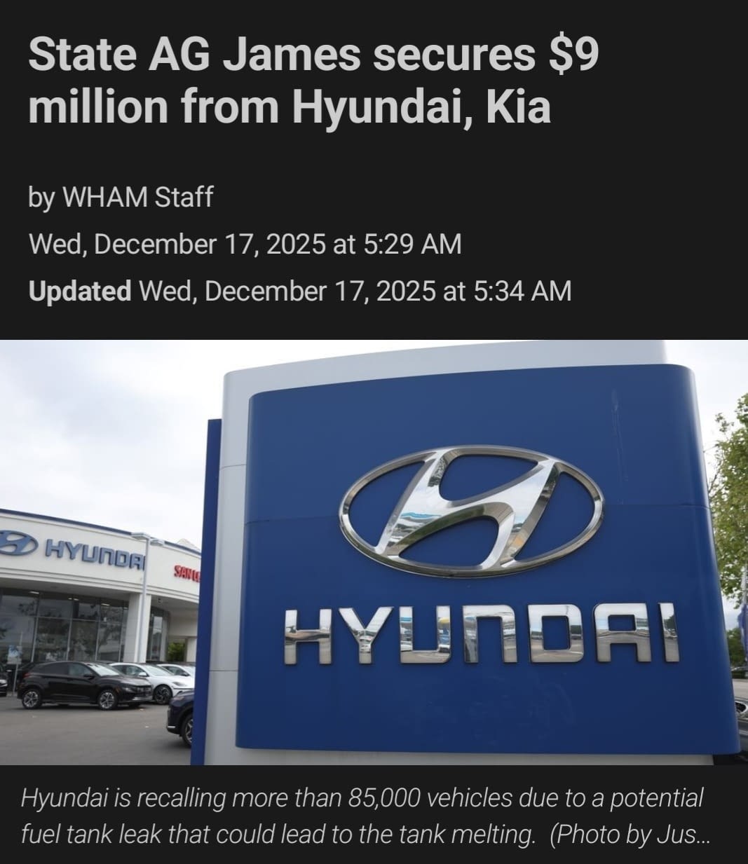 Hyundai and Kia Theft Settlement – New York State News Coverage Screenshot of a 13WHAM News article showing a Hyundai dealership sign related to the New York State settlement over Hyundai and Kia vehicle thefts.