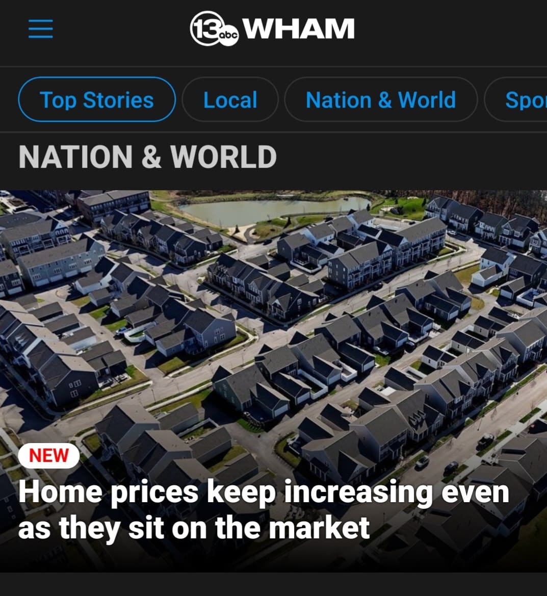 Home Prices Keep Rising – News Headline Screenshot Screenshot of a news article reporting rising home prices despite homes sitting longer on the market.