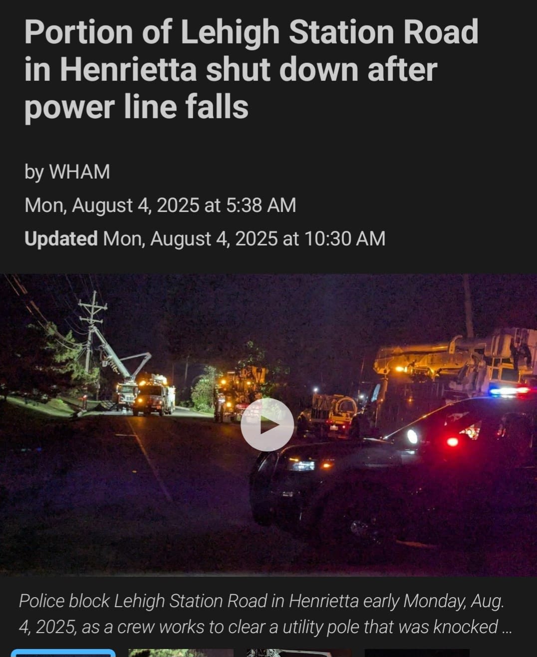 Police Respond to Utility Pole Accident on Lehigh Station Road Police block Lehigh Station Road as utility crews work to restore downed power lines after a vehicle accident.