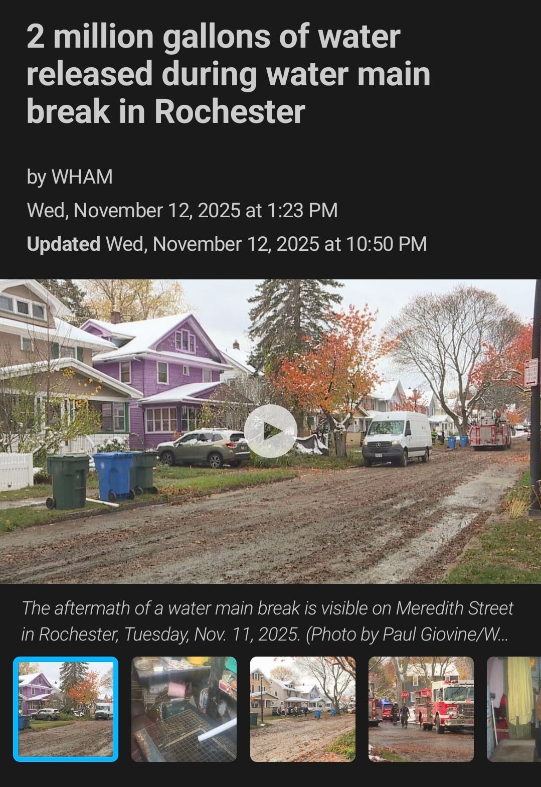Culver Road After Rochester Water Main Break – 13WHAM Screenshot Street view of Culver Road in Rochester after water main break; pavement wet and damaged following flooding event that released 2 million gallons of water