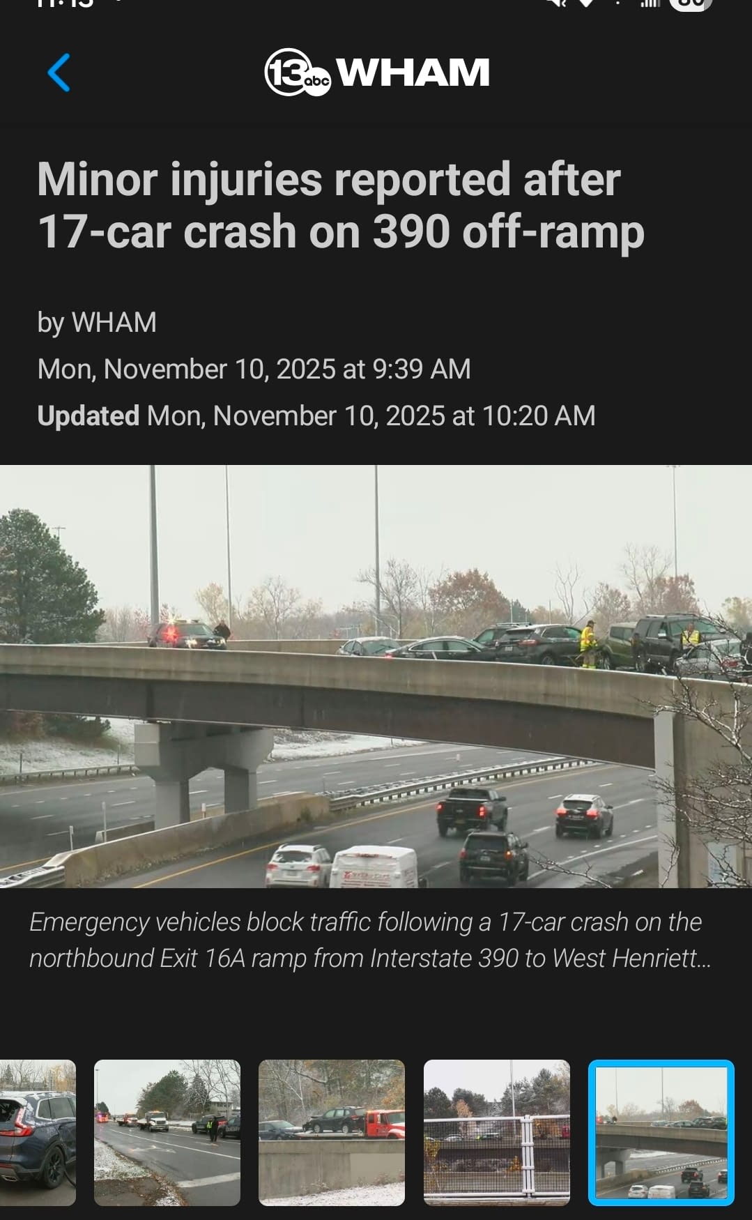 17-Car Accident on Snowy Overpass in Greece, NY – Winter Driving ReminderWHAM News Cars involved in a multi-vehicle accident on a snowy overpass in Greece, NY, during the season’s first snowfall.