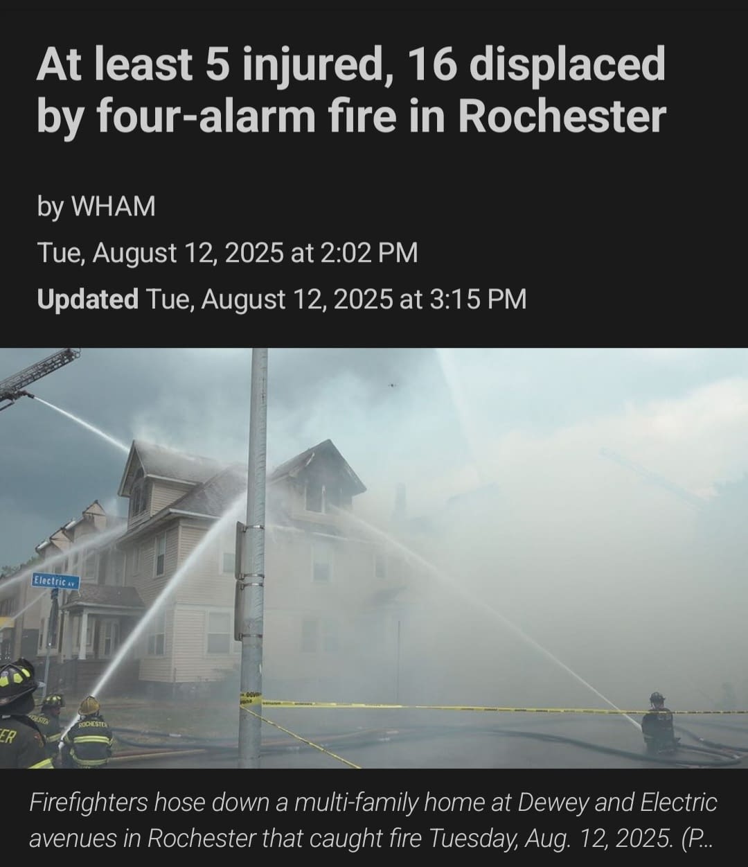Firefighters Respond to Four-Alarm Fire at Multi-Family Home in Greece, NY Firefighters battle a four-alarm blaze at a multi-family home, spraying water from hoses to control the flames.