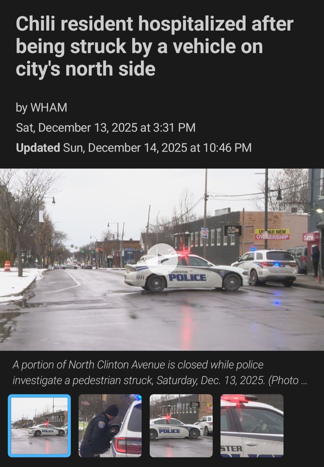 Chili NY Pedestrian Accident – Police SceneWHAM News Police vehicle blocking off a street in Chili, New York following a pedestrian accident reported by 13WHAM News