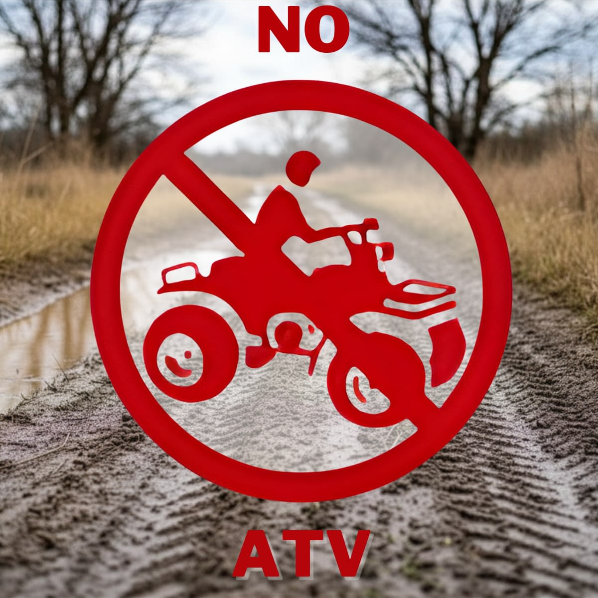 No ATV Muddy Maine ATV trail with "No ATV" image overlaid