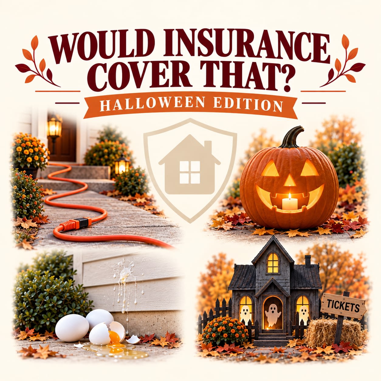 Would Insurance Cover That? Halloween Edition – Square Blog Thumbnail Halloween homeowners insurance scenarios featuring an extension cord, jack-o’-lantern candle, egging damage, and a paid haunted house