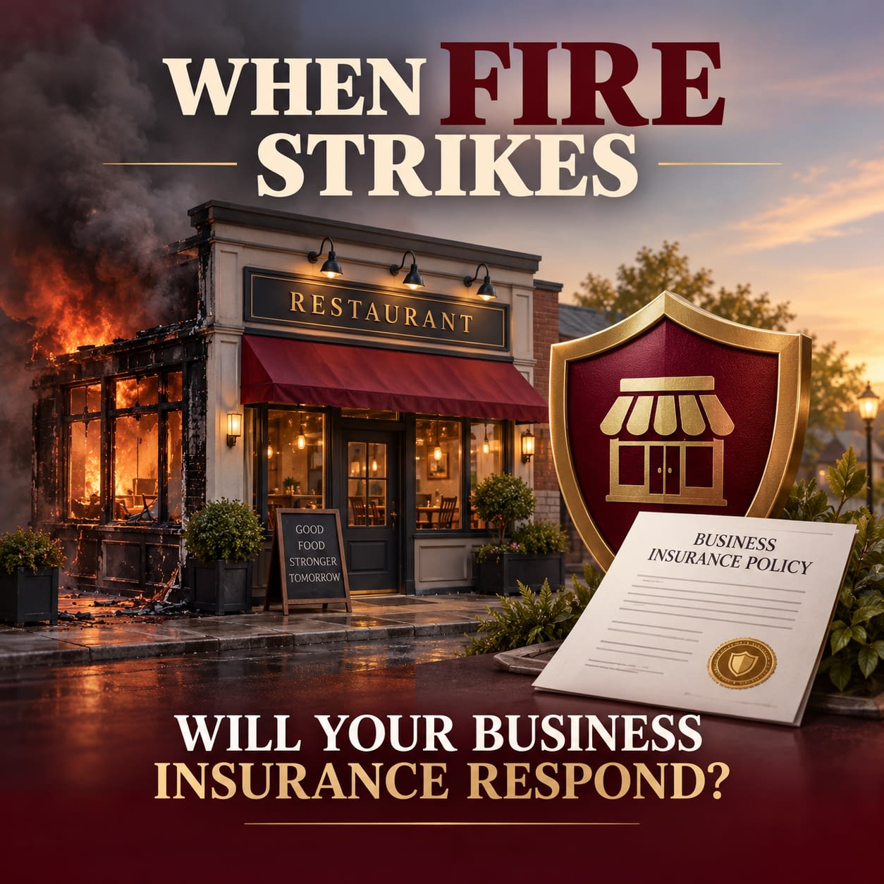 When Fire Strikes: Will Your Business Insurance Respond? Restaurant fire and business insurance recovery planning graphic for Canandaigua and Rochester-area business owners