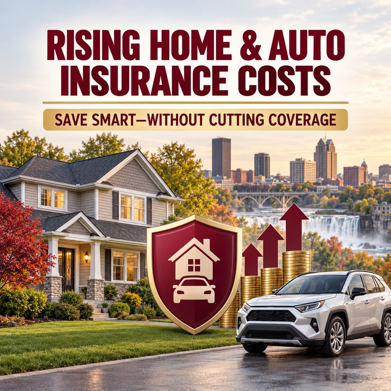 Rising Home and Auto Insurance Costs in Rochester Rising Rochester home and auto insurance costs illustrated by a house, car, shield, and upward cost arrows