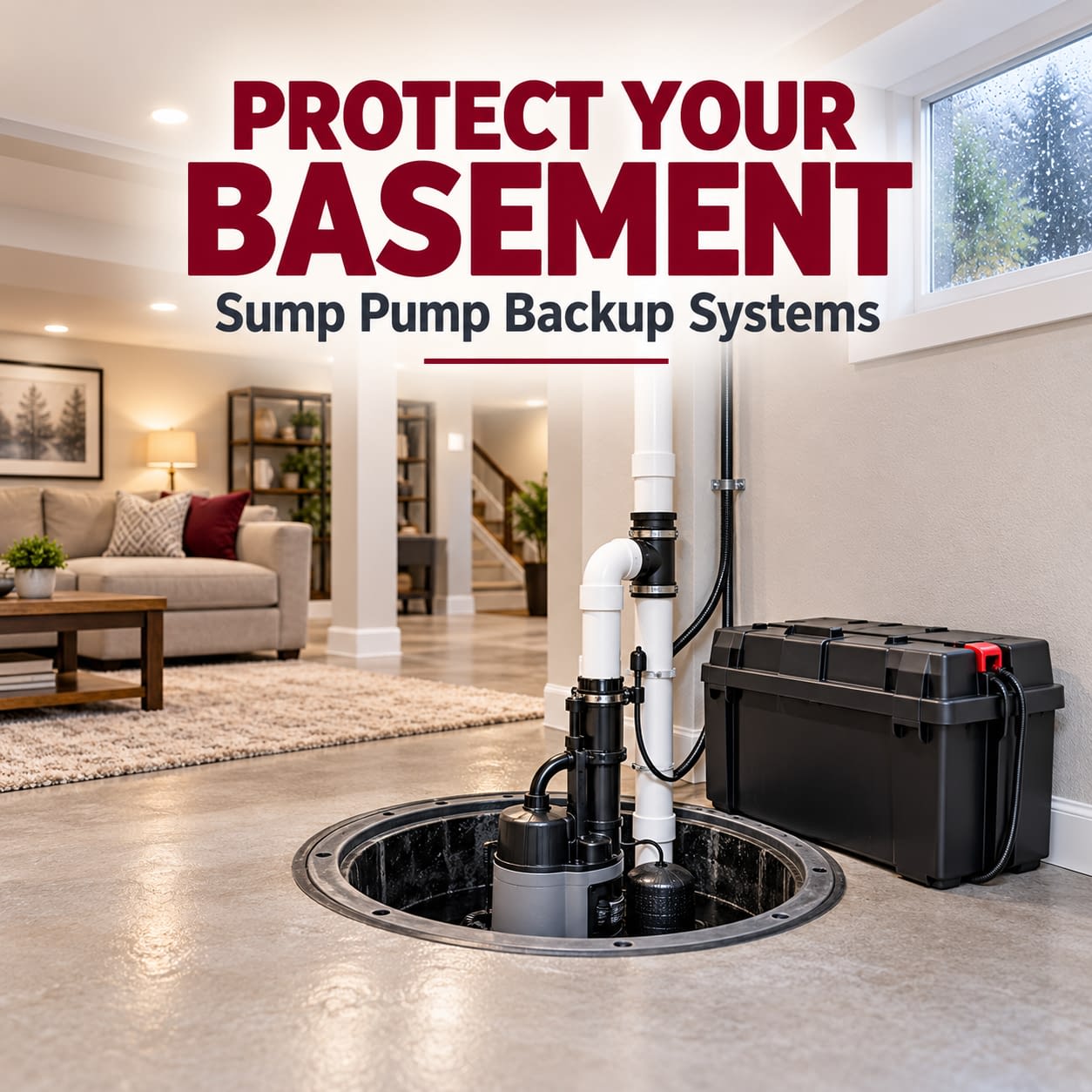 Protect Your Basement With a Sump Pump Backup System Sump pump and battery backup system protecting a finished basement from water damage