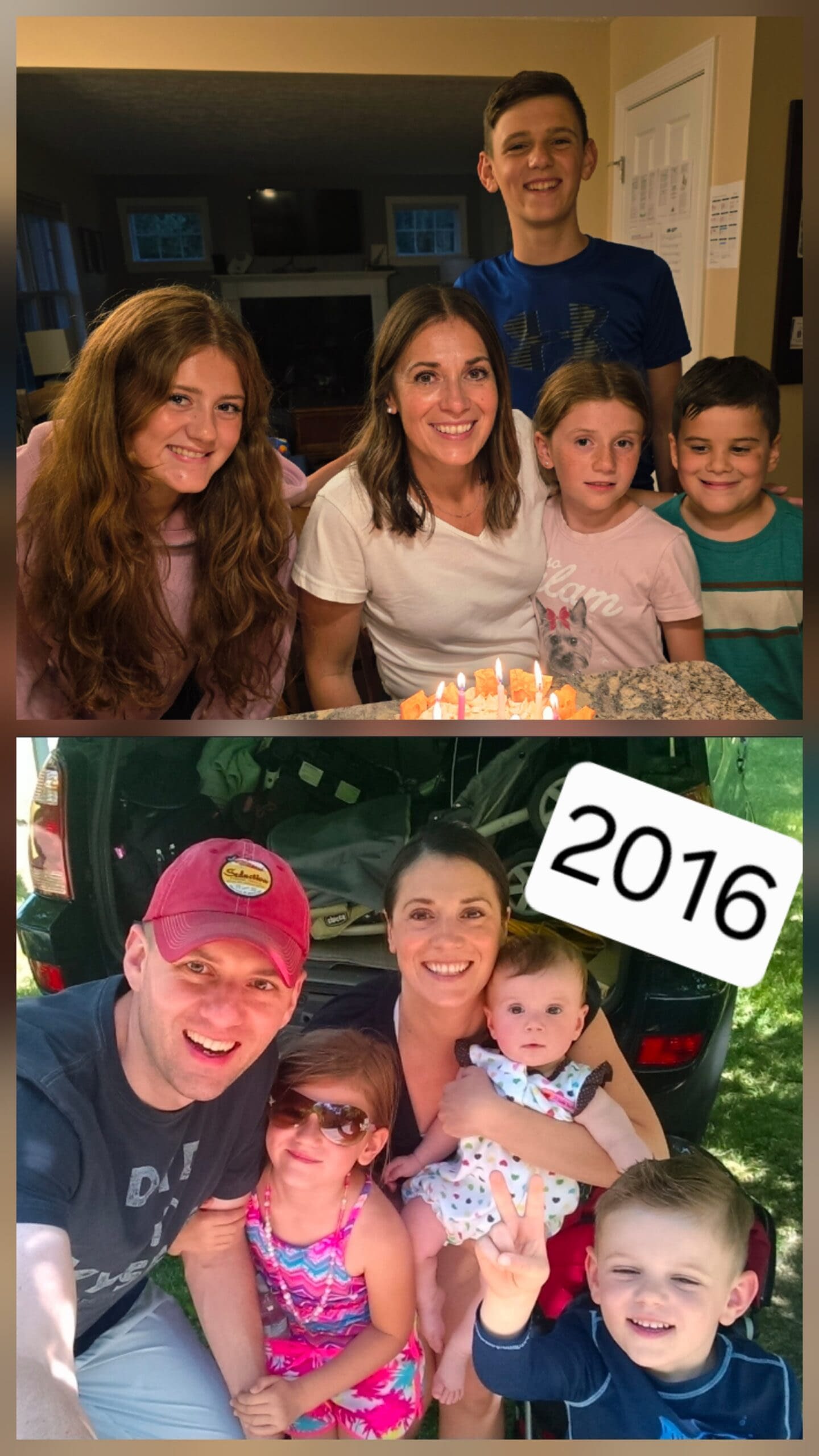 2016 vs Now – How Our Family Has Changed Over Time Side-by-side family photos showing a young family of five in 2016 and the same family today as a family of six, highlighting how life and family needs change over time.